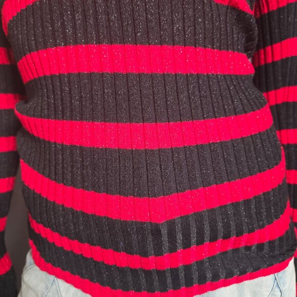 Y2K INC Striped Fitted Sweater Size XS Red Black Glitter Ribbed V Neck Emo - Picture 4 of 10